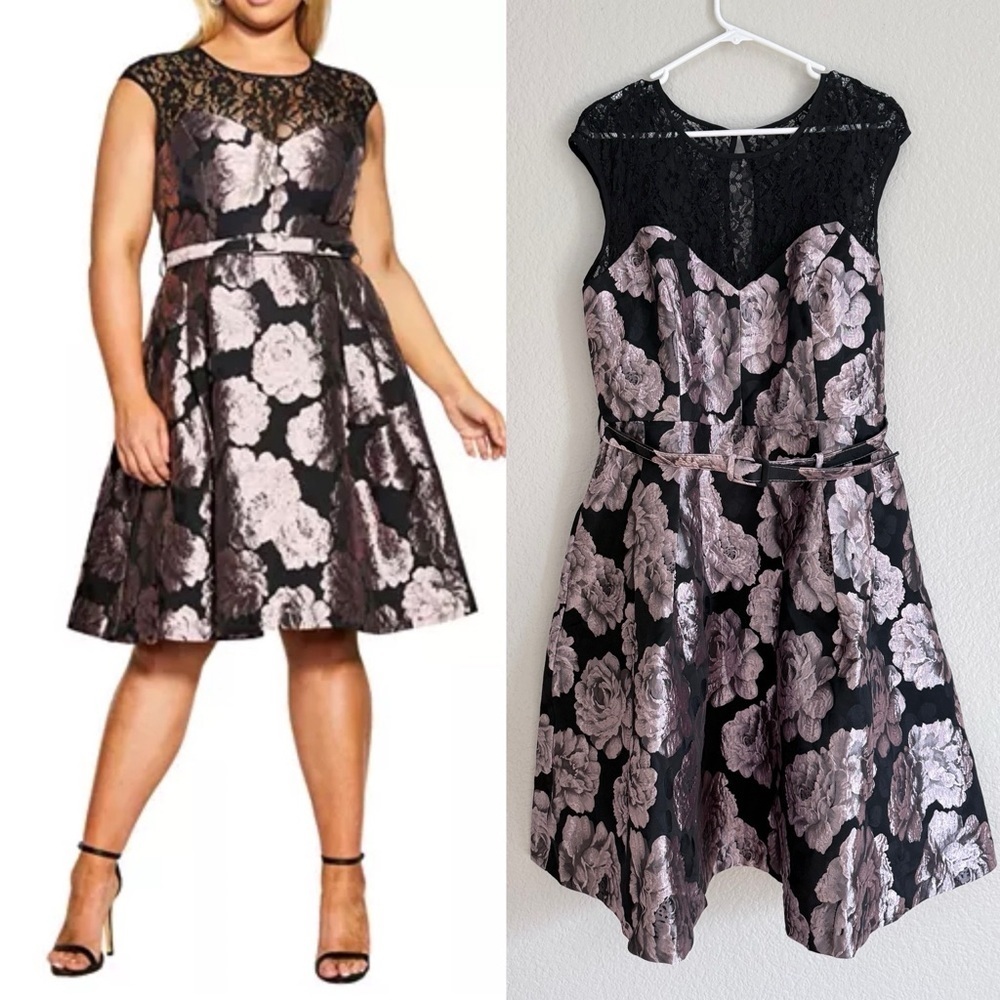 City Chic Arlette Dress Black Pink Floral Lace Midi Dress